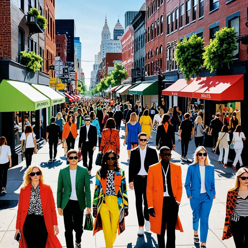 A bustling city street scene showcasing diverse individuals dressed in contemporary fashion, featuring bold colors, unique patterns, and cutting-edge styles. Incorporate elements like pop-up boutiques and street art to convey the vibrant culture of modern fashion. The backdrop should include urban architecture and greenery, highlighting a harmonious blend of life and style. super-realistic. vibrant colors. street art.
