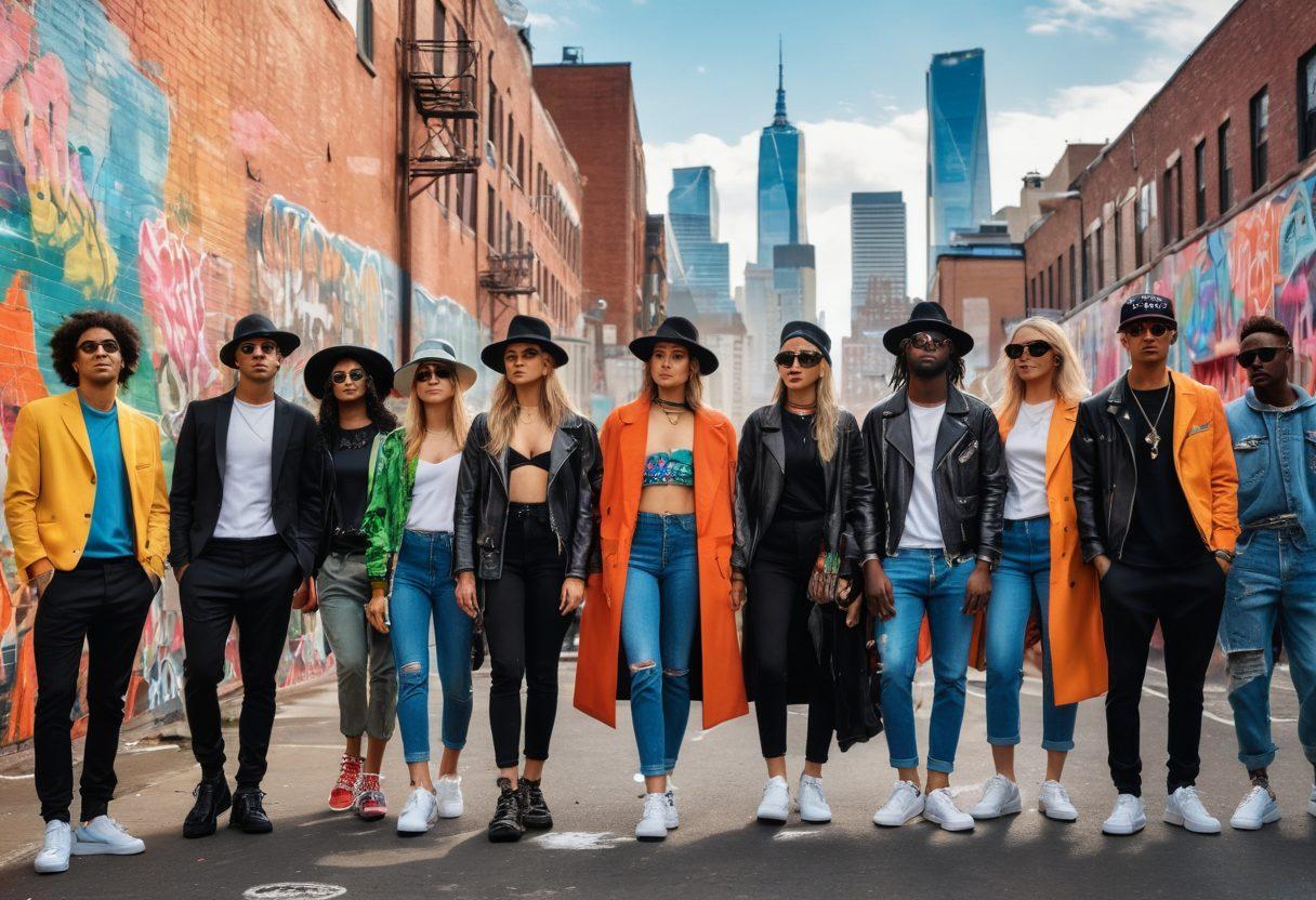 A vibrant urban street scene showcasing diverse individuals dressed in eclectic urban fashion, embodying various styles from streetwear to haute couture. Include colorful graffiti on building walls as a backdrop, with accessories like trendy hats and sneakers, and a city skyline in the distance. Capture a dynamic, energetic atmosphere that resonates with fashion enthusiasts. super-realistic. vibrant colors. urban setting.